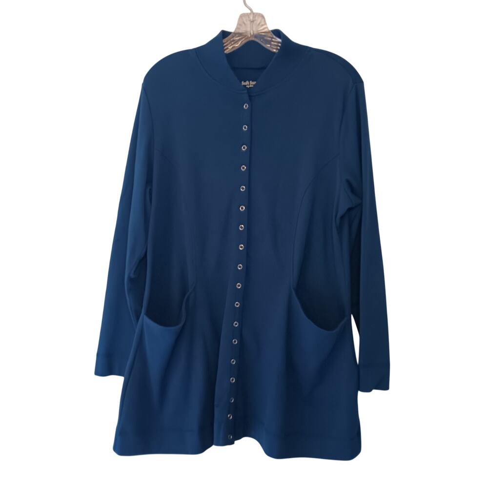 EUC Soft Surroundings L Blue Snap Front Long Sleeve 100% Cotton Top/Cardigan